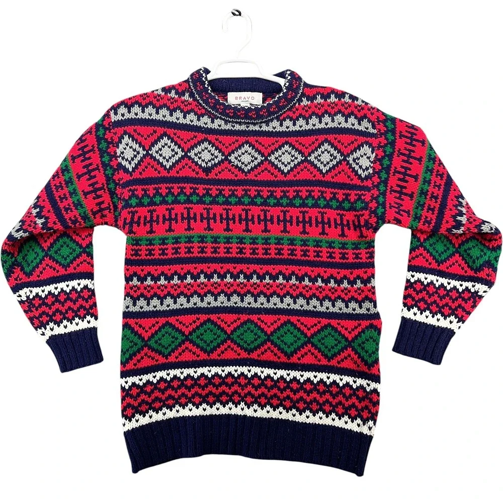 Bravo Handknits Fair Isle Sweater Mens Medium Red Navy Blue Acrylic Crew Neck